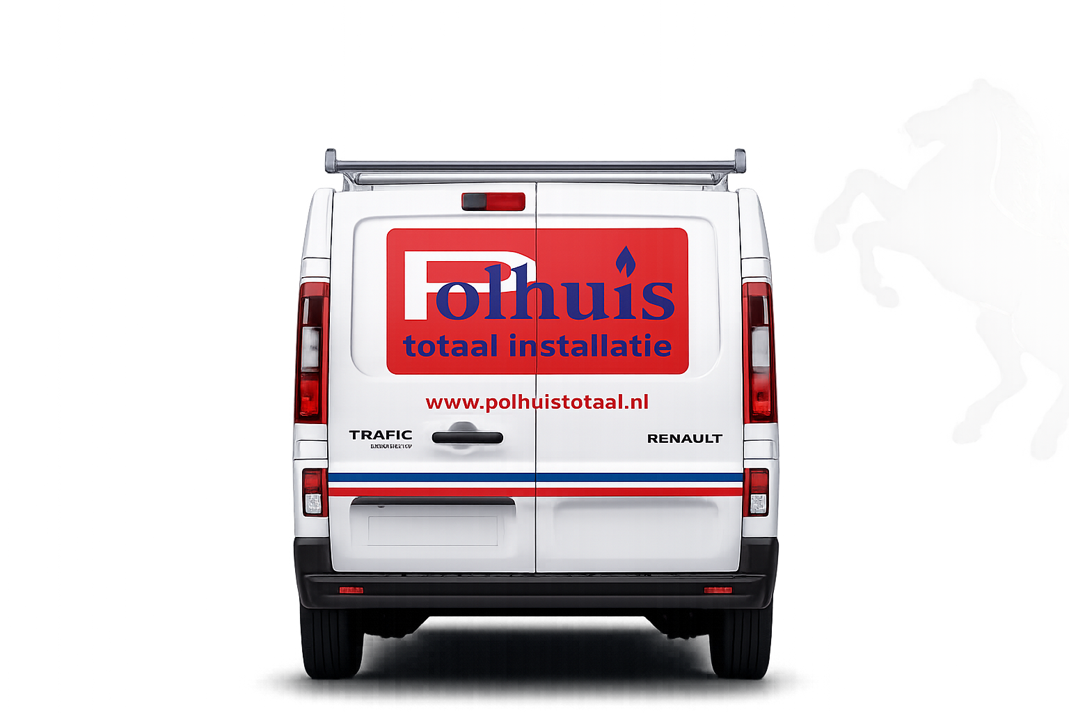 Achteraanzicht van witte Renault Trafic bestelwagen met Polhuis totaal installatie logo en website www.polhuistotaal.nl