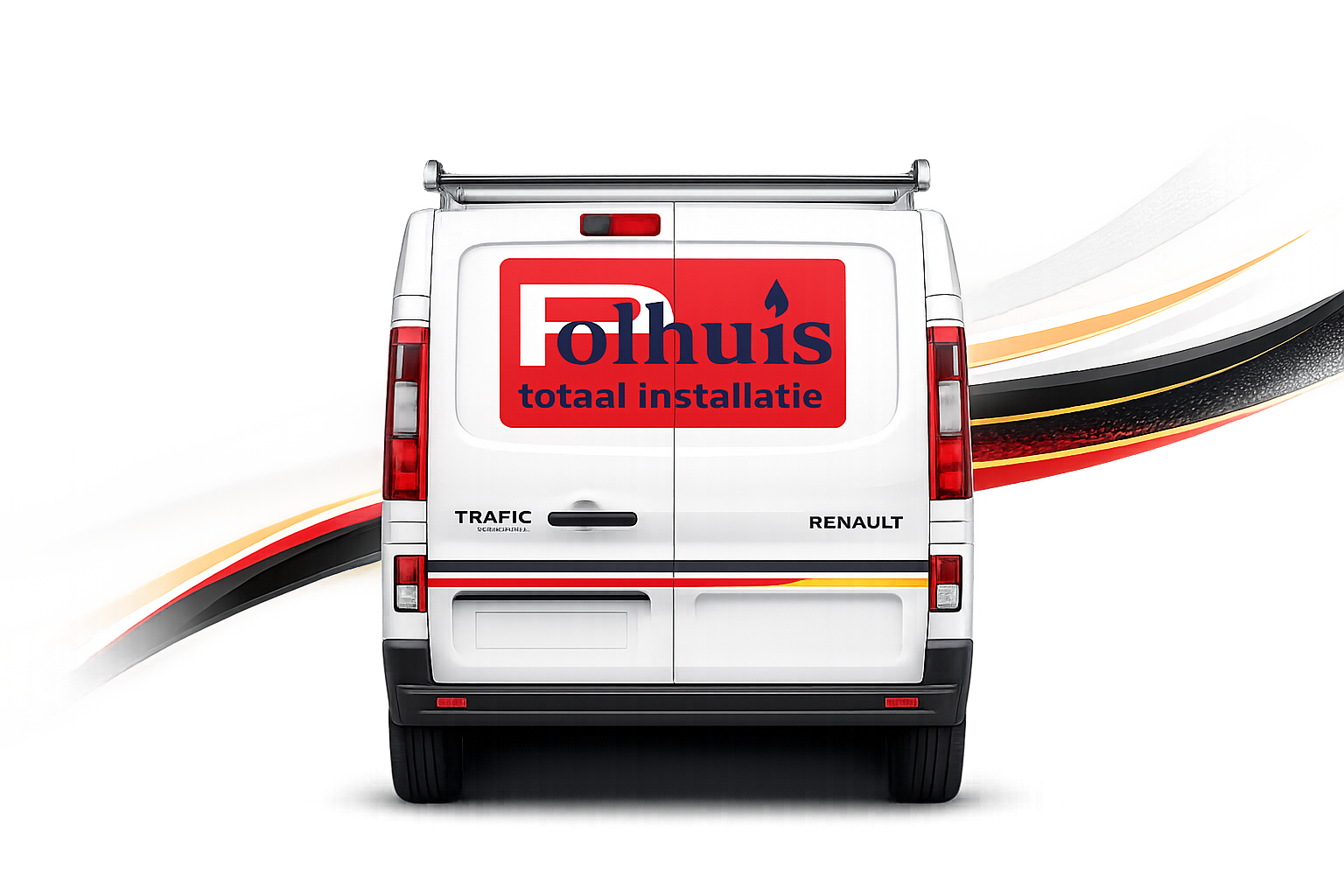 Witte Renault Trafic bestelwagen van installatiebedrijf Polhuis met rood logo en totaal installatie tekst op achterdeuren