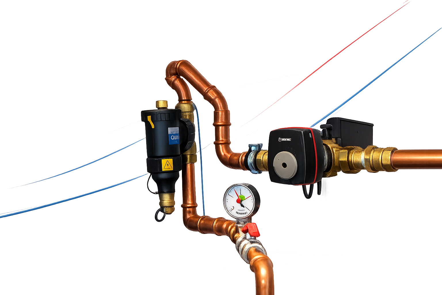 Verwarmingsinstallatie met koperen buizen, elektrische pompgroep, circulatiepomp en manometer voor professionele HVAC-systemen.