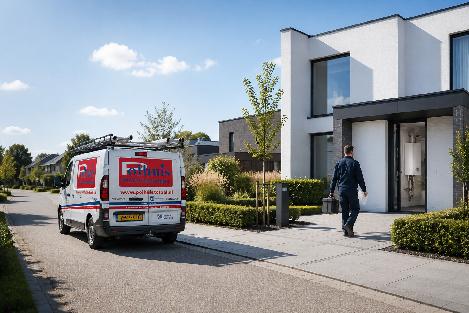 Polhuis servicebus arriveert bij modern woonhuis, technicus met gereedschapstas loopt naar ingang.