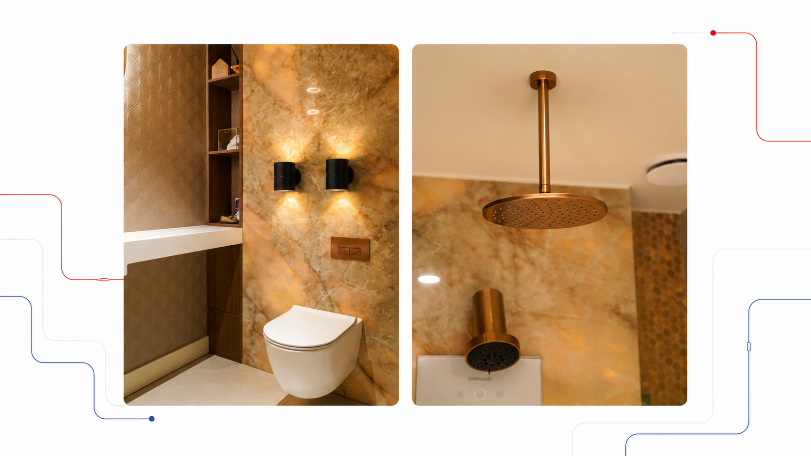 Moderne badkamer met hangend toilet, gouden tegels, zwarte wandlampen en gouden douchekop van installatiebedrijf Polhuis.