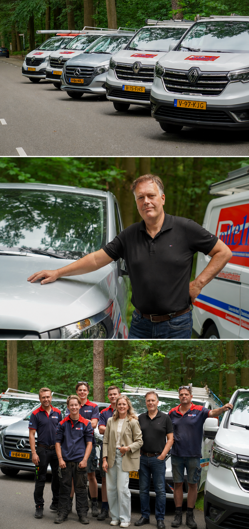 Installatiebedrijf Polhuis uit Enschede met hun witte bedrijfsvoertuigen en team buiten voor het bedrijf.