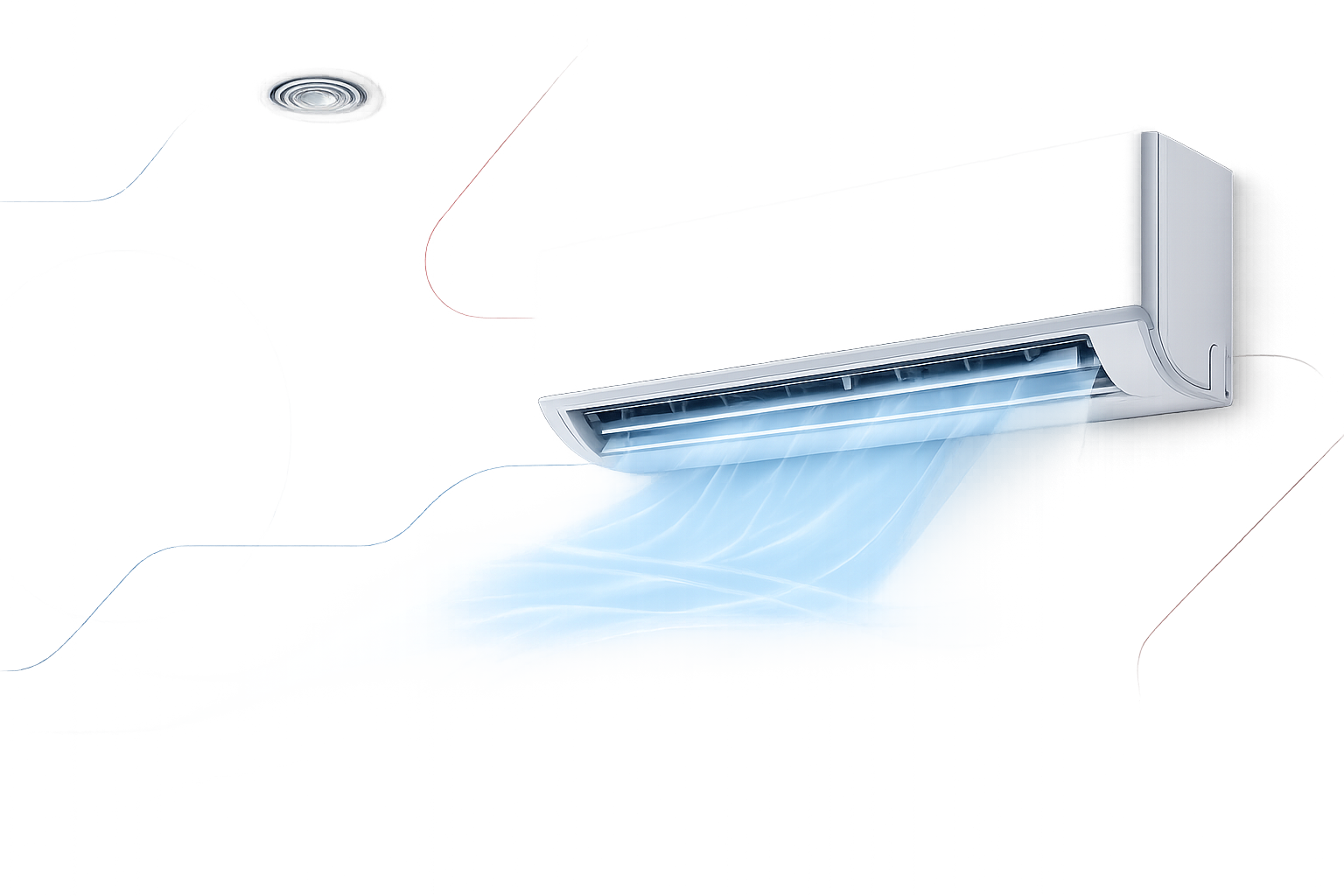 Wandgemonteerde airconditioner blaast koude lucht in een kamer met plafondventilator.