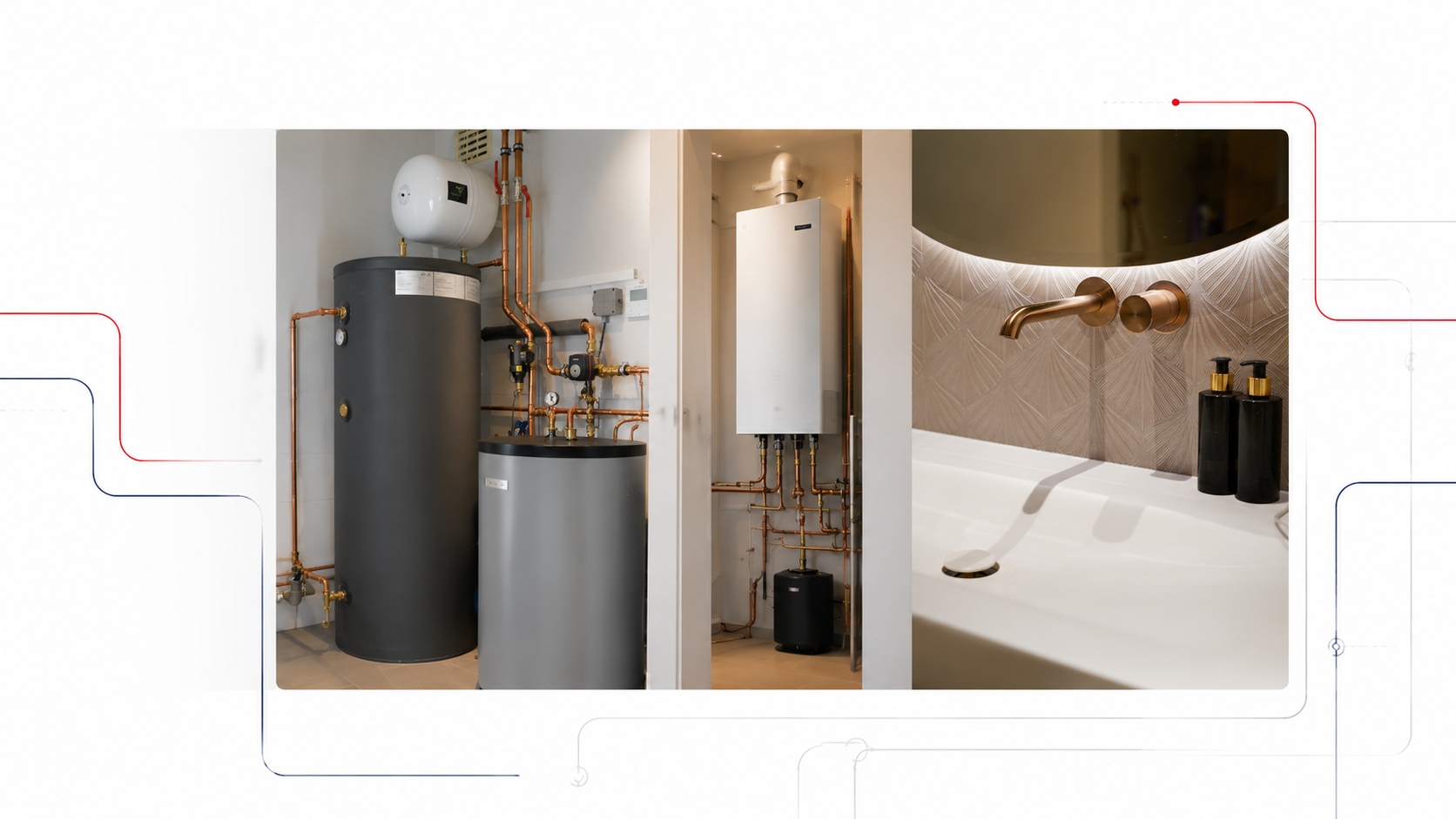 Installatiebedrijf Polhuis: verwarmings- en sanitairsystemen met boilers, gasketels en designkranen in badkamer.