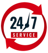 24/7 SERVICE logo met klok en rode pijlen, symbool voor nonstop bereikbaarheid van installatiebedrijf Polhuis